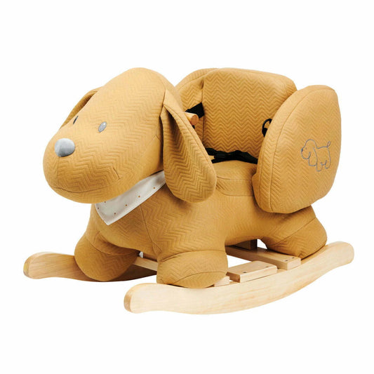 Brown dog-shaped rocking toy on a white background