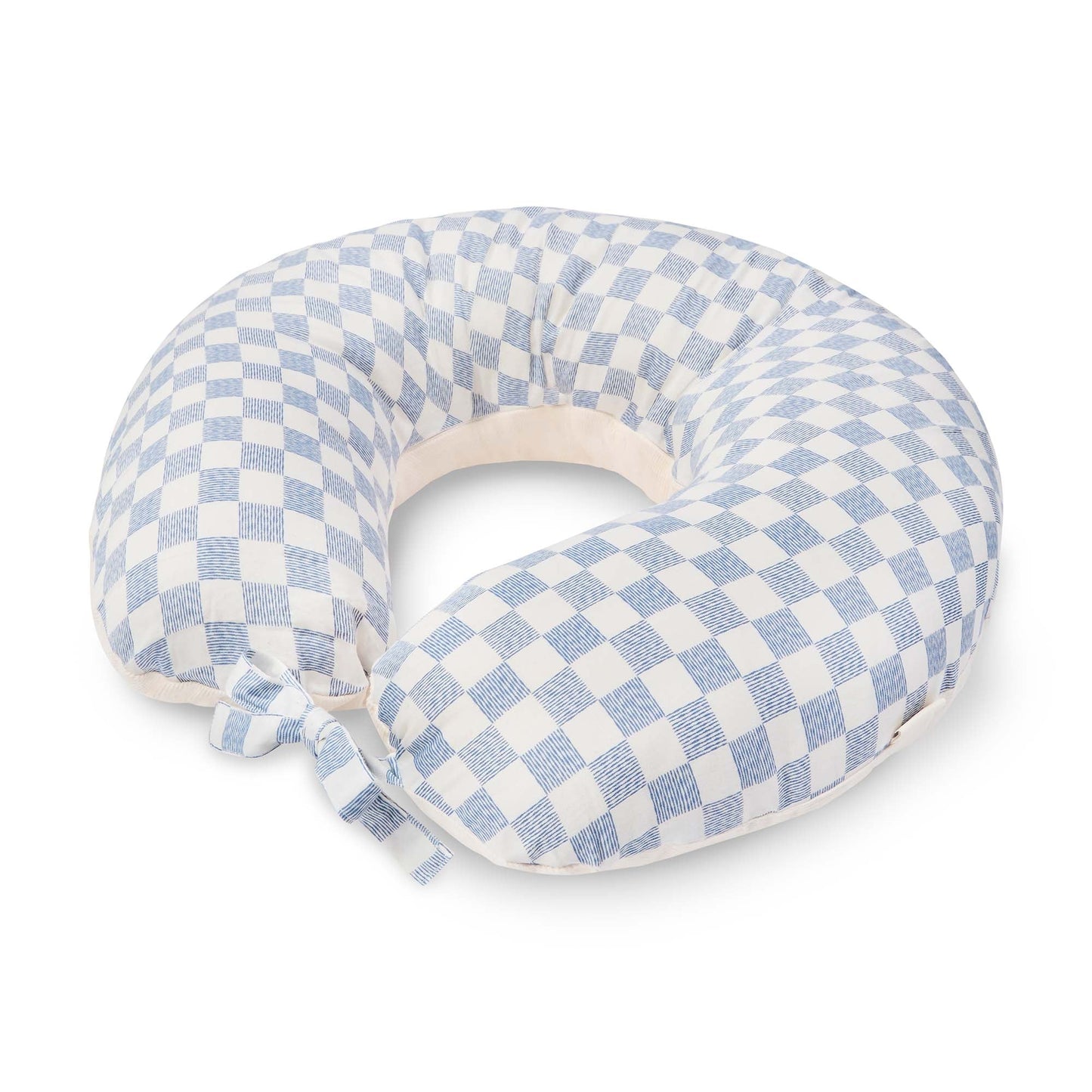 Blue and white checkered neck pillow on a white background