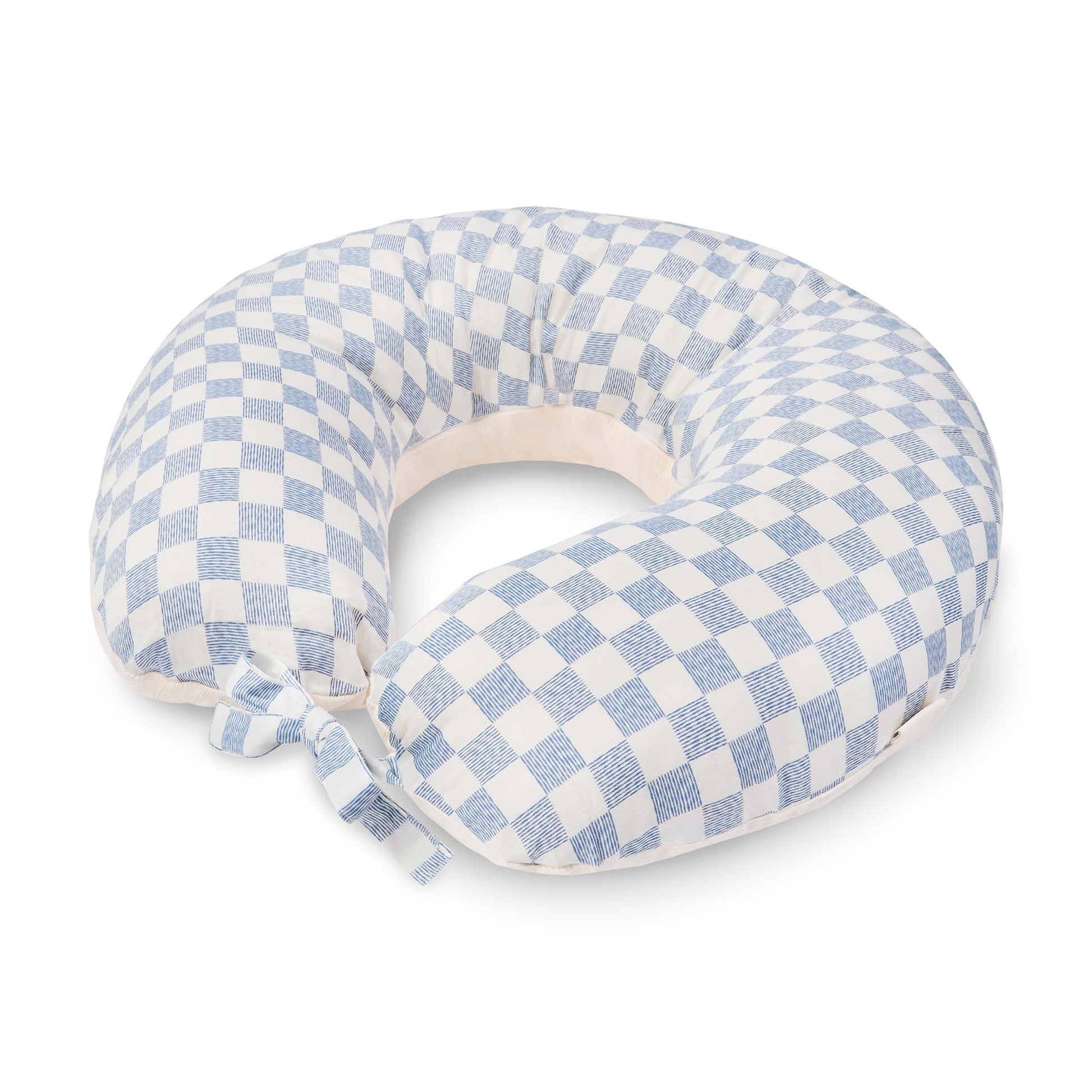 Blue and white checkered neck pillow on a white background
