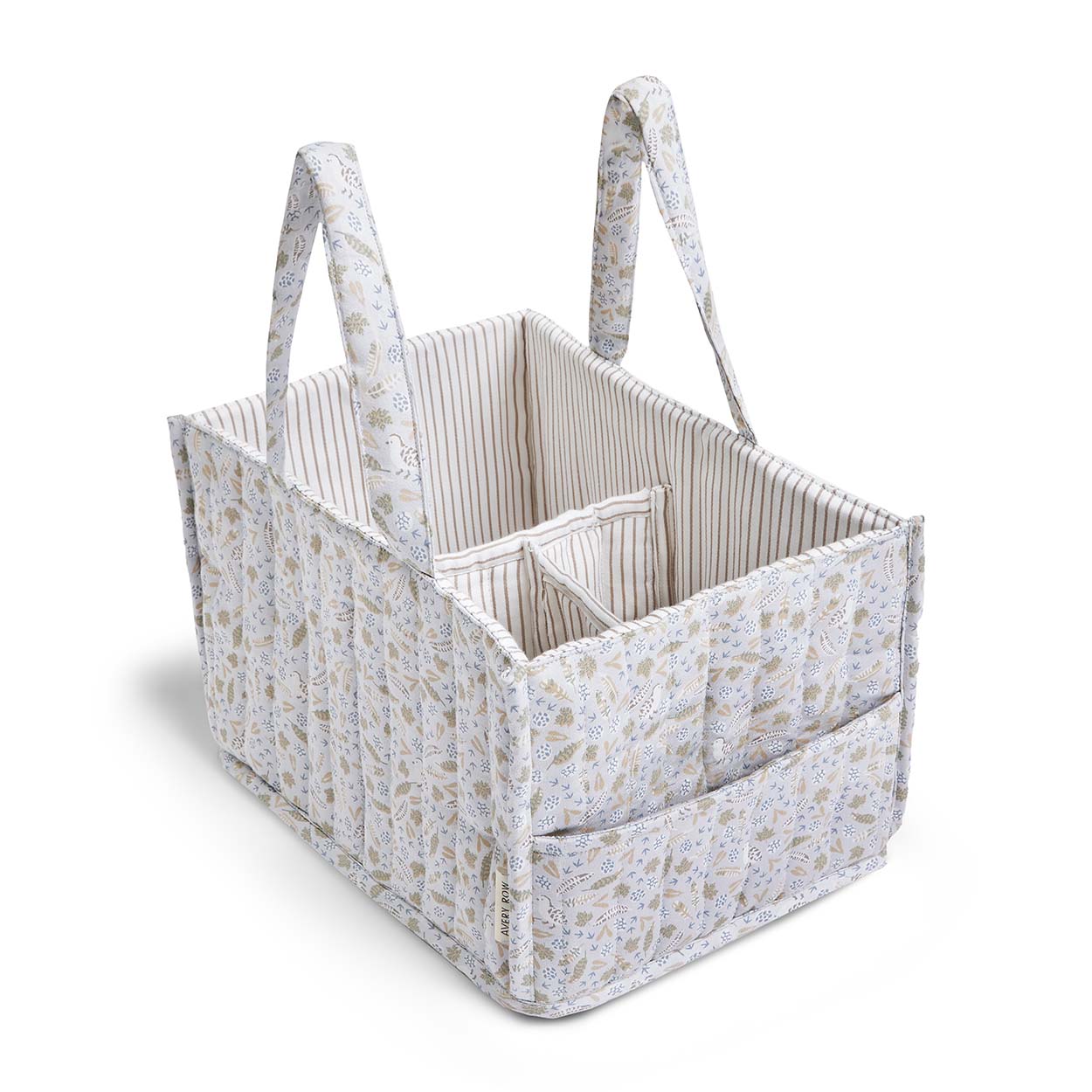 Fabric storage basket with floral pattern on a white background