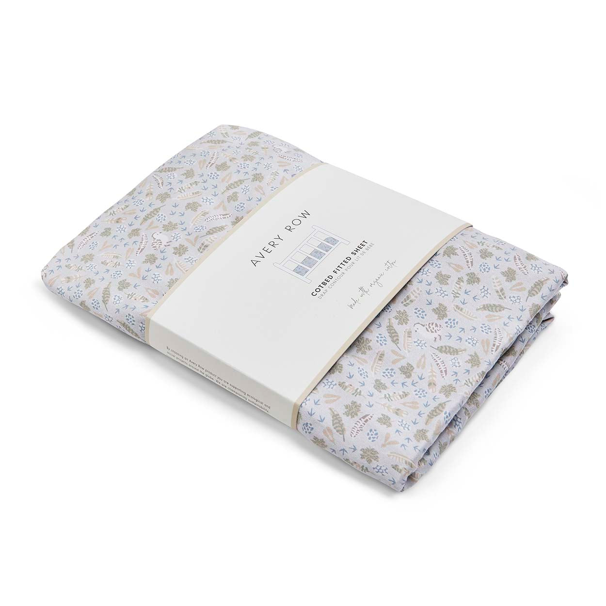 Floral-patterned fabric with a brand label on a white background
