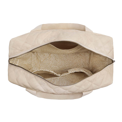 Beige quilted handbag with open zipper on a white background