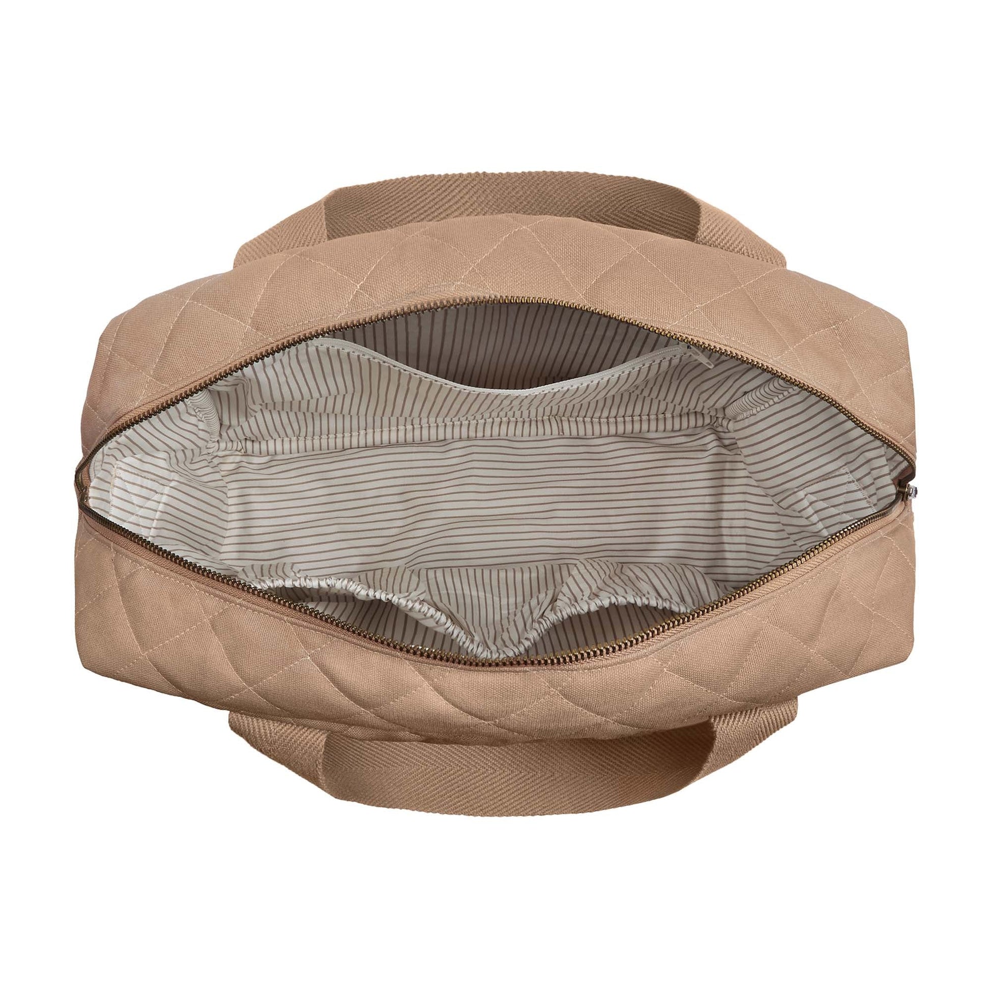 Beige quilted bag with a white background