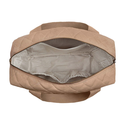 Beige quilted bag with a white background