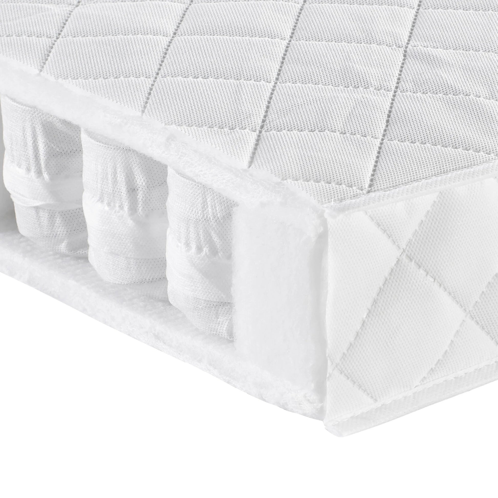 White quilted mattress protector on a bed with a white background