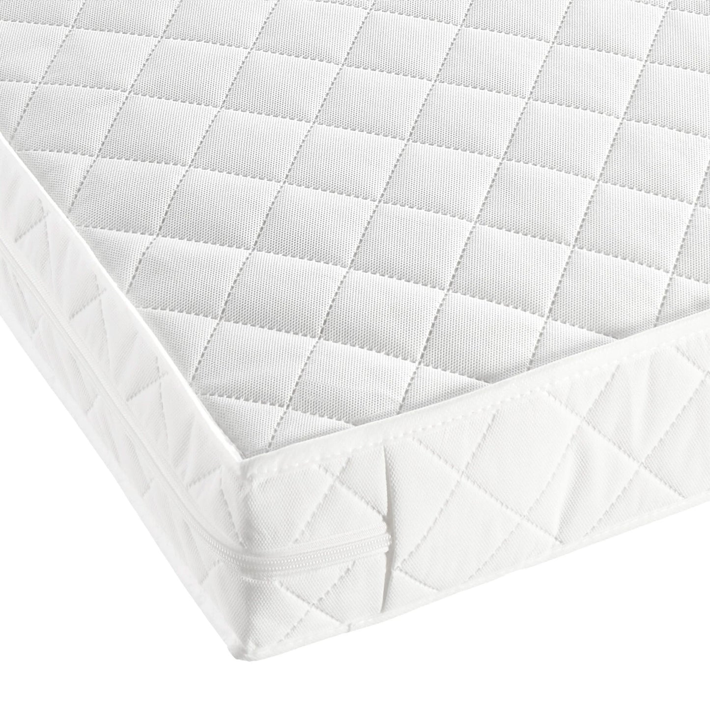 White quilted mattress cover on a bed with a plain background