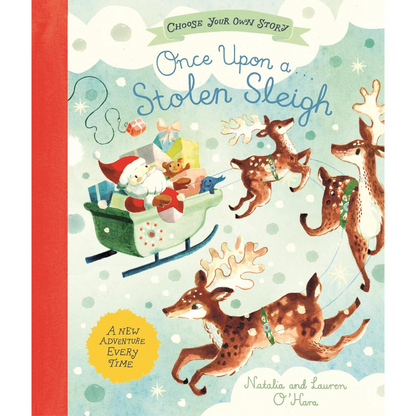A children's book cover titled "Once Upon a Stolen Sleigh" with a festive illustration of Santa in a sleigh being pulled by deer. The cover has a pale blue background with white clouds, snowflakes, and a red spine band visible on the left.