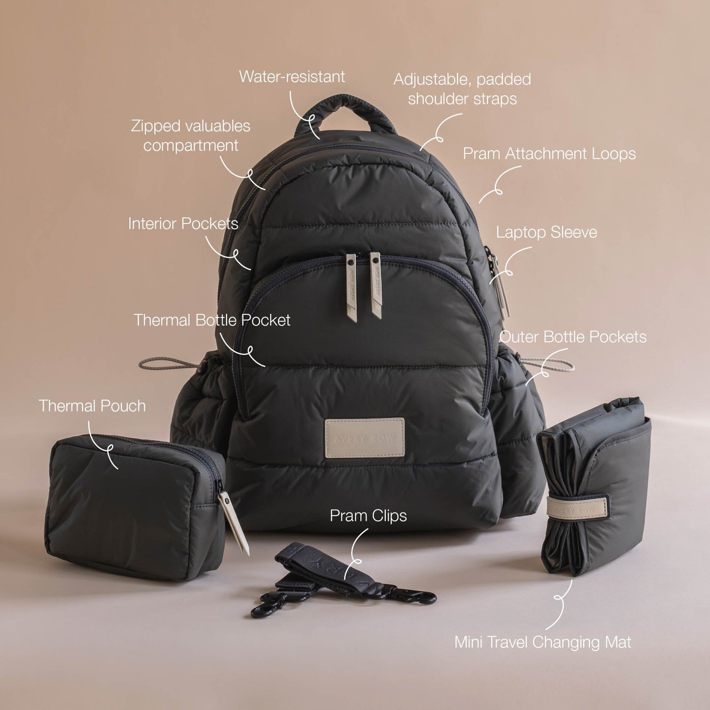 Black backpack with labeled features on a beige background