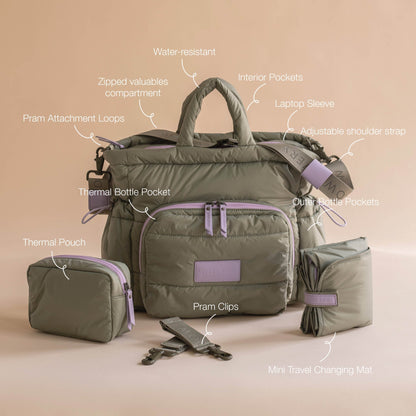 Green diaper bag with features labeled on a beige background