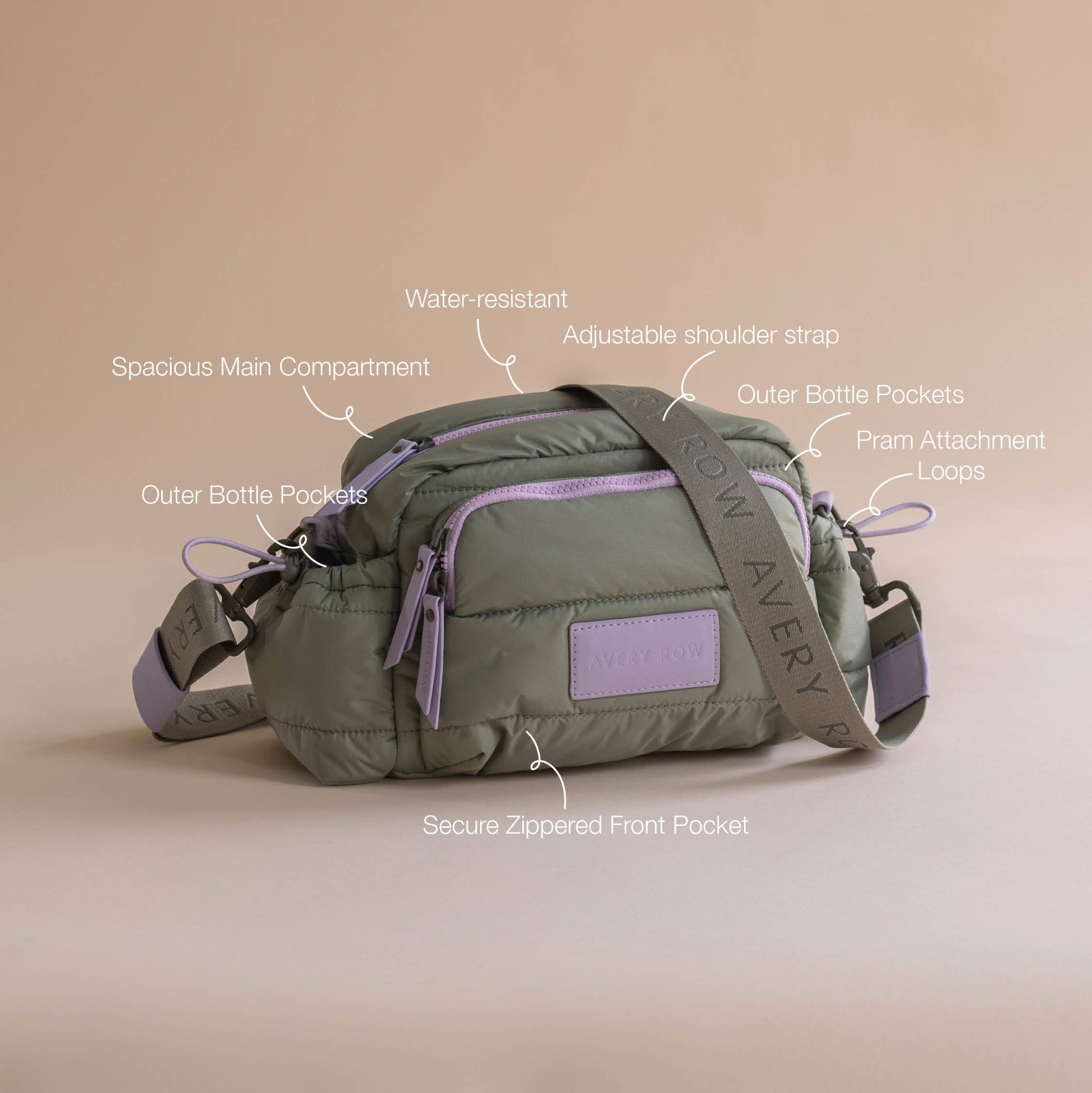 Green and purple bag with features labeled on a beige background