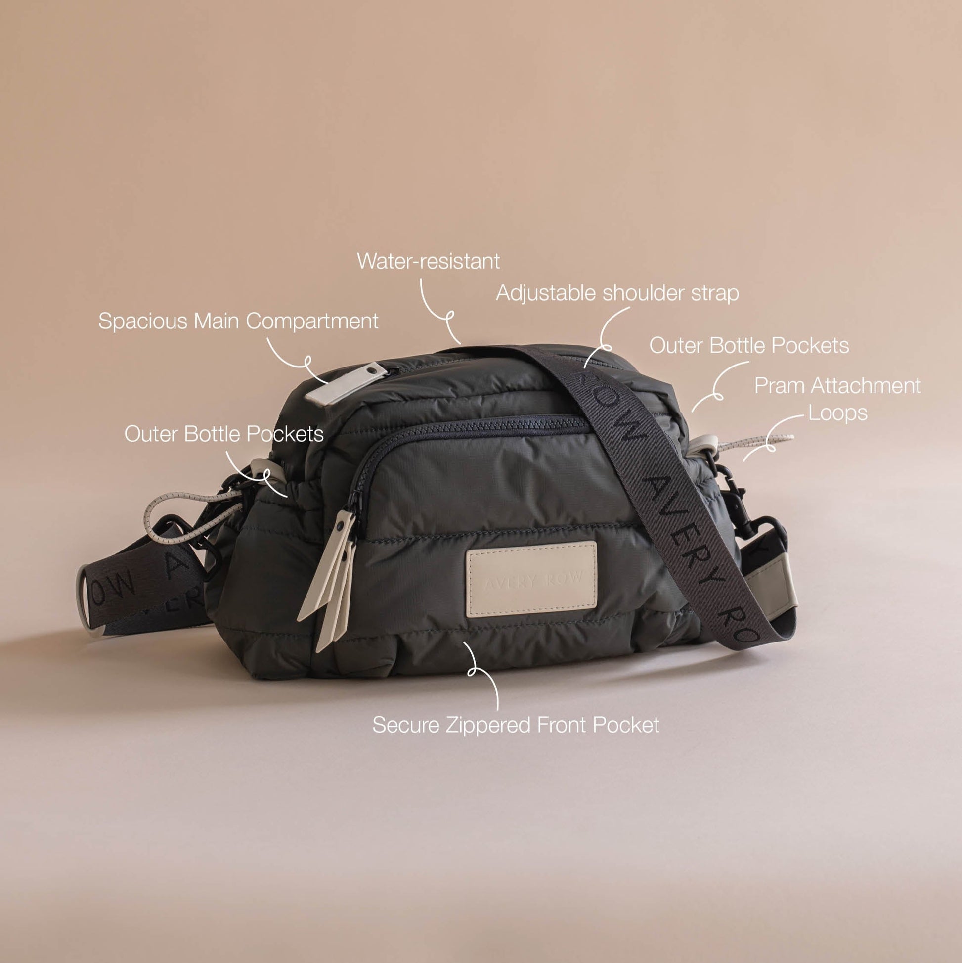 Black bag with features labeled on a beige background