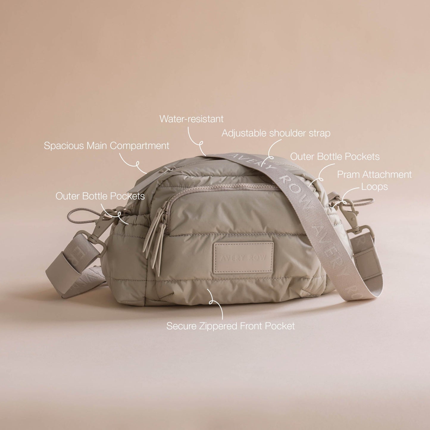 Beige crossbody bag with features highlighted on a beige background