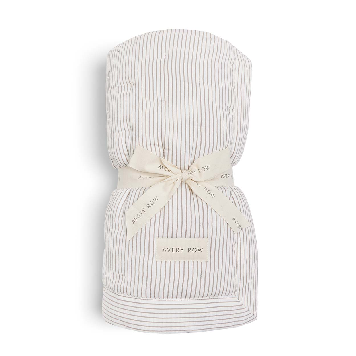 Striped fabric bundle with a bow and 'Avery Row' label on a white background