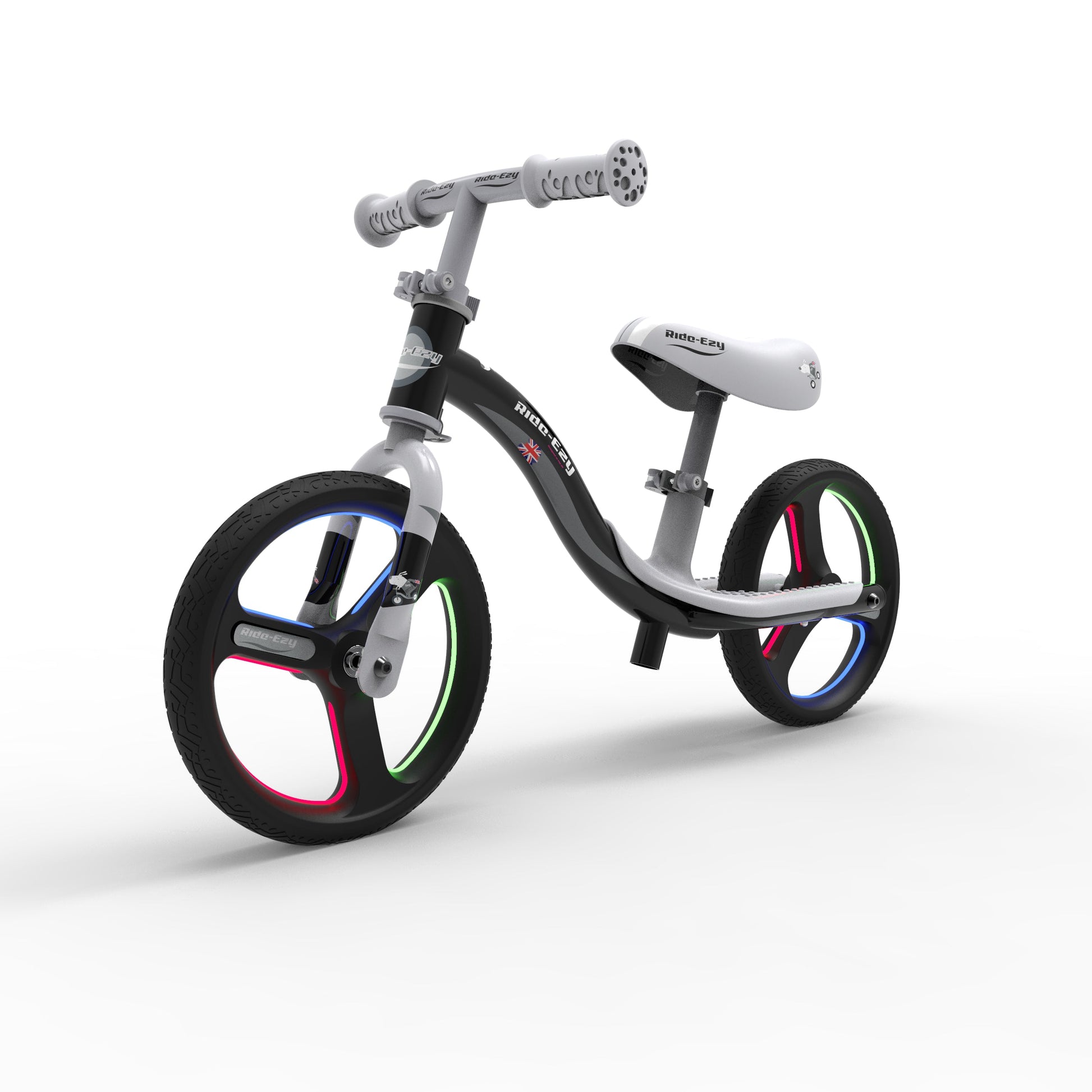 Children's balance bike with colorful wheels on a white background