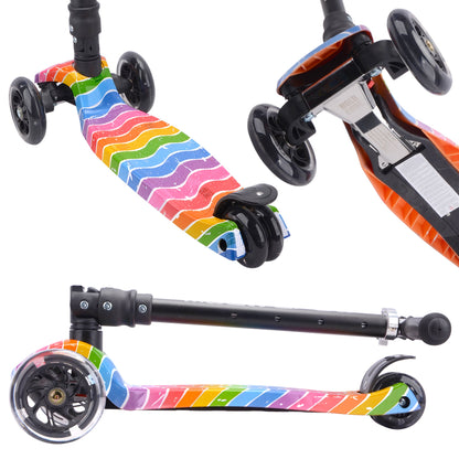Colorful scooter with rainbow deck and black frame on a white background