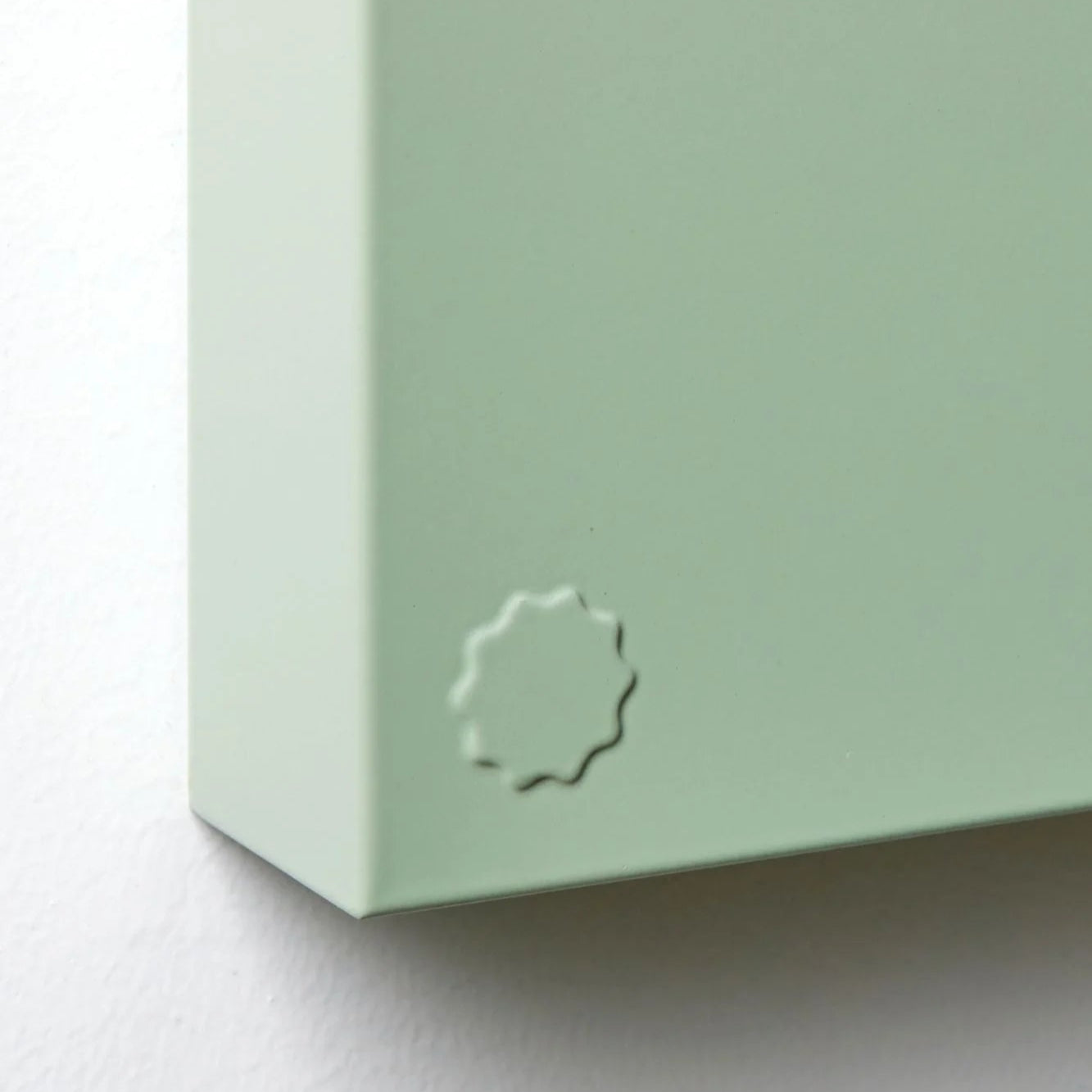 Close-up of a light green box with a logo on a white background