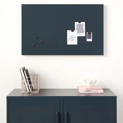 Navy blue magnetic notice board with pinned papers above a matching cabinet.