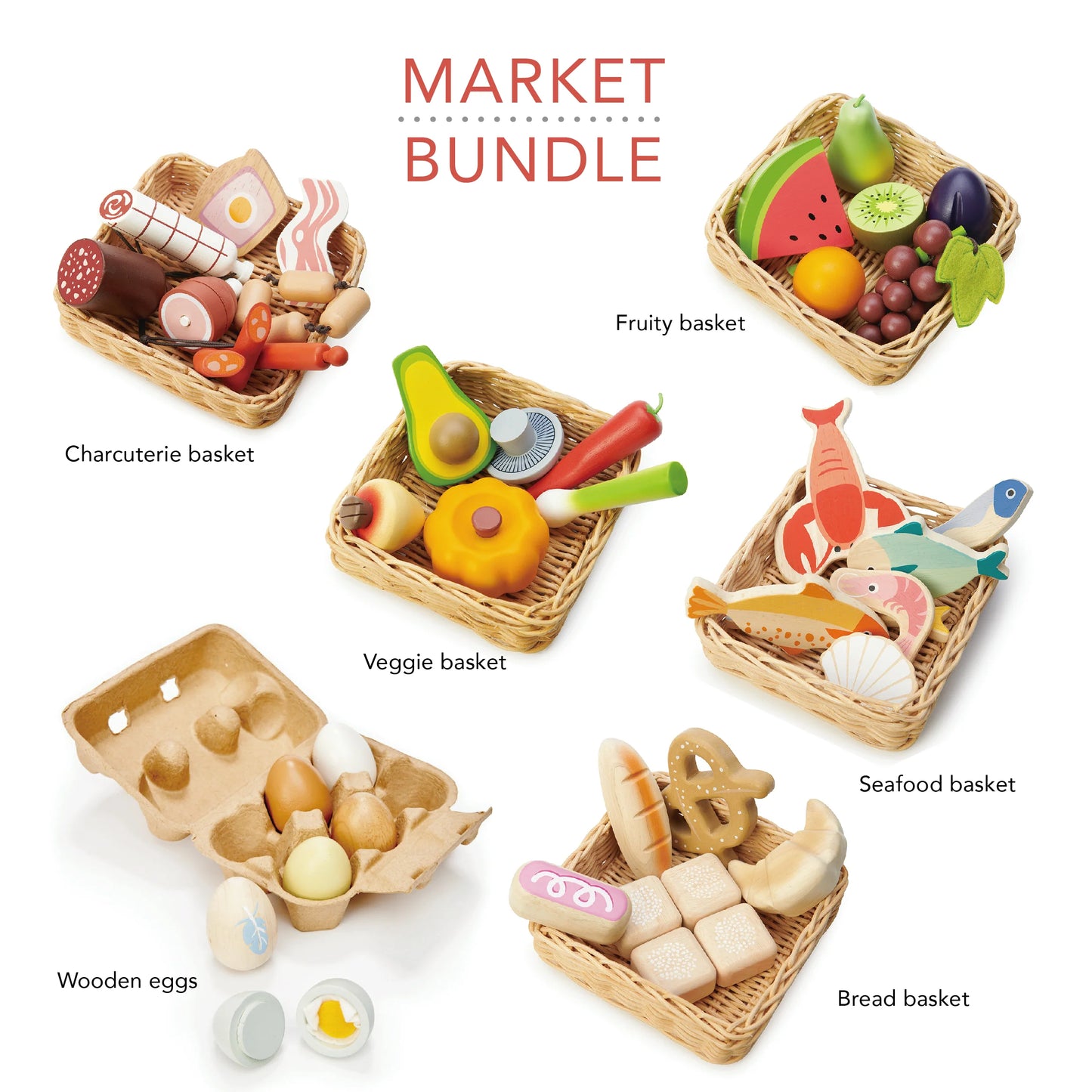Set of toy food items in wicker baskets labeled 'Market Bundle' on a white background.