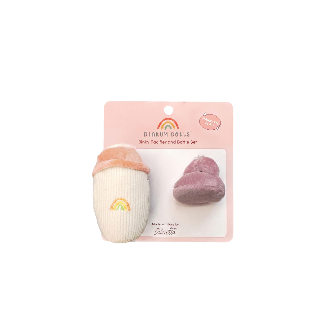 Dinkum Dollsinky Pacifier and Bottle Set packaging on a white background