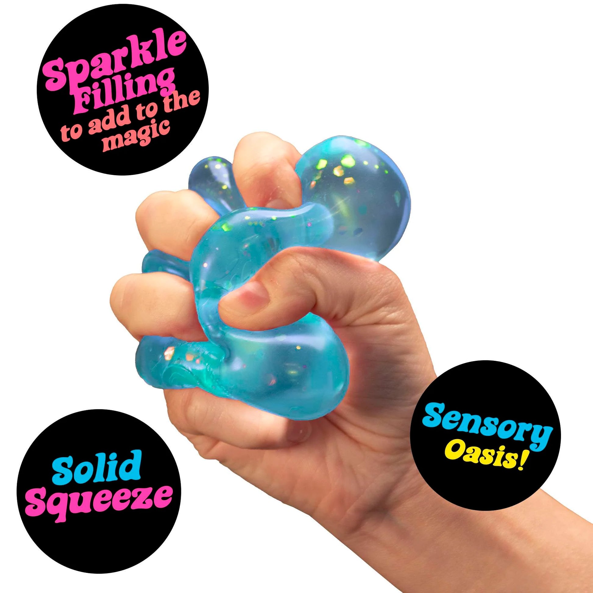 Hand holding a blue gel-like product with text about sparkle filling and sensory properties.