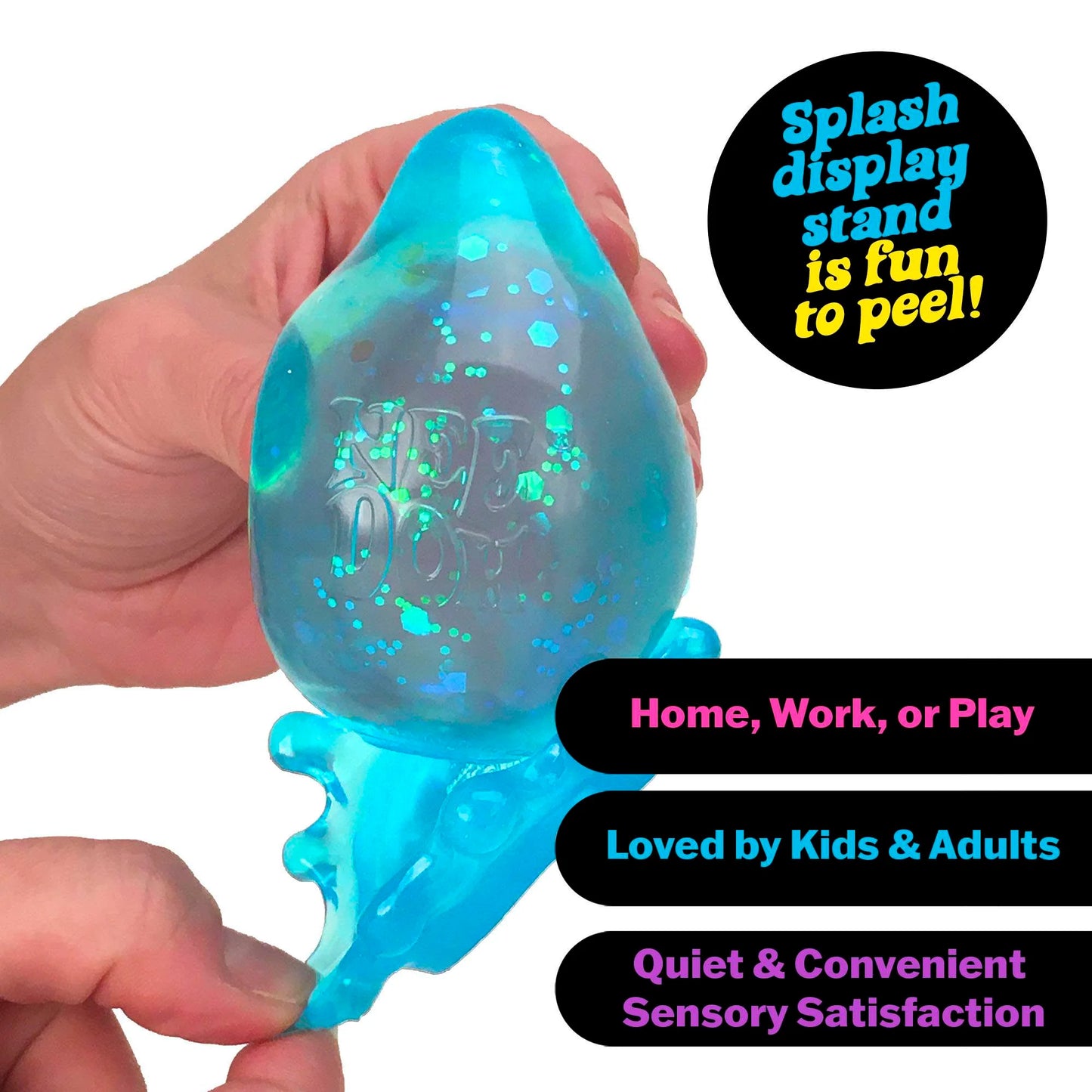 Blue and clear pacifier with text about its features and uses