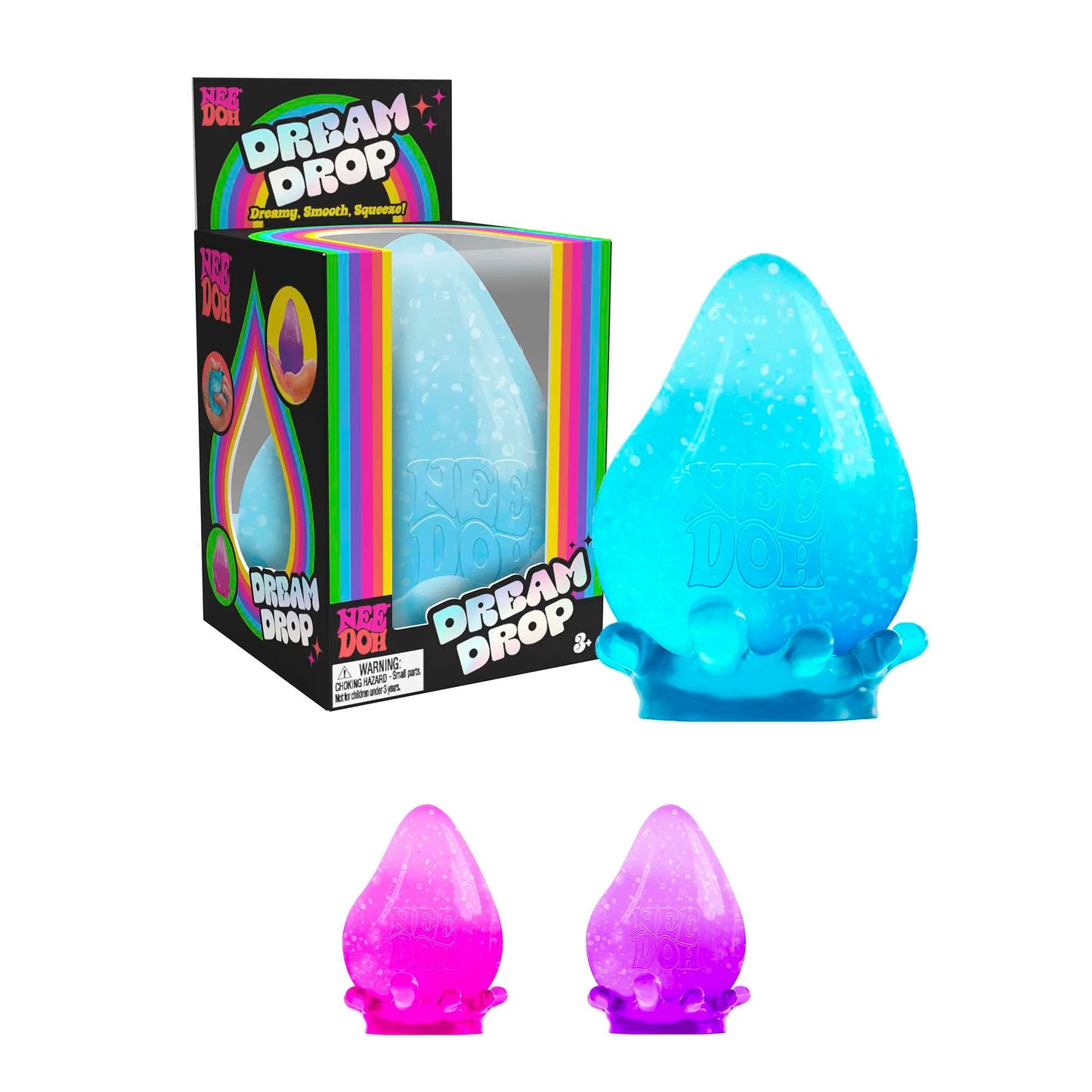 Blue and pink 'Dream Drop' product with packaging on a white background