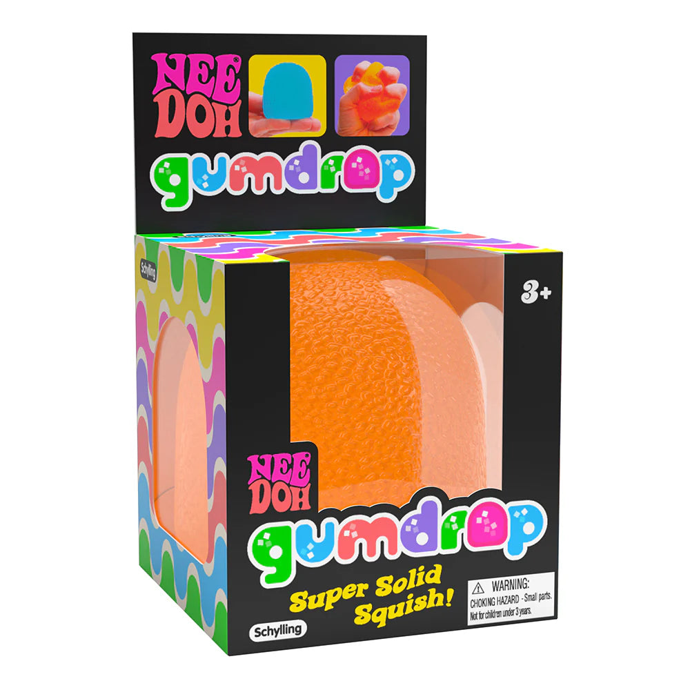 Box of Nee Doh Gumdrop toy with orange ball and colorful packaging on a white background