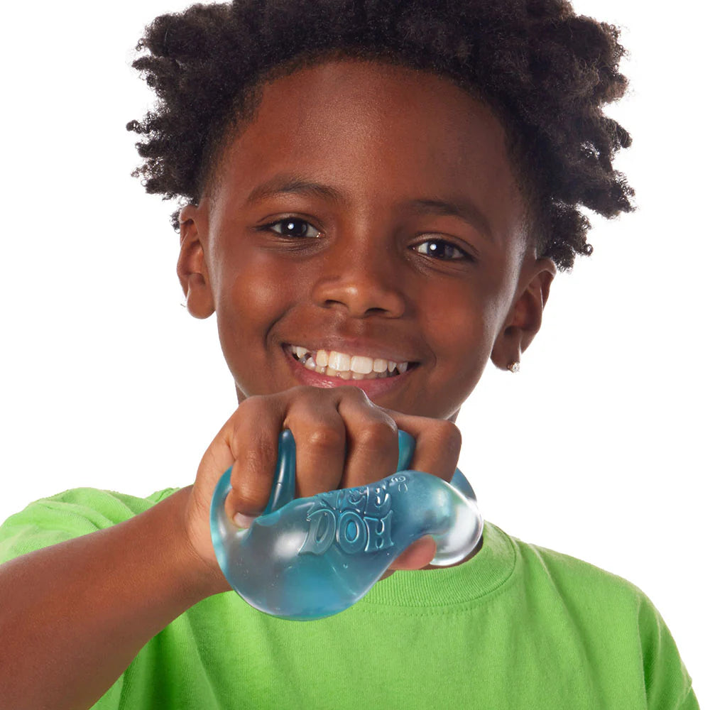 Child holding a blue fidget toy with a white background