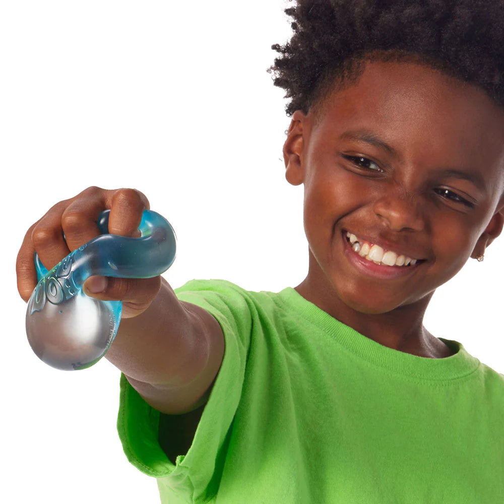 Child holding a blue and gray toy with a white background