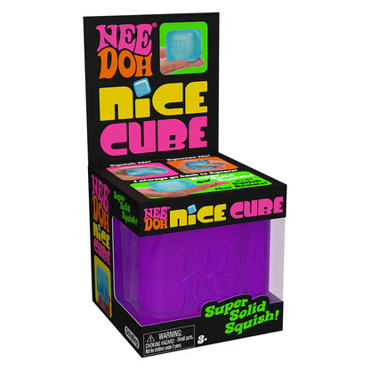 Box of Nee Doh Nice Cube with colorful text and a purple cube inside