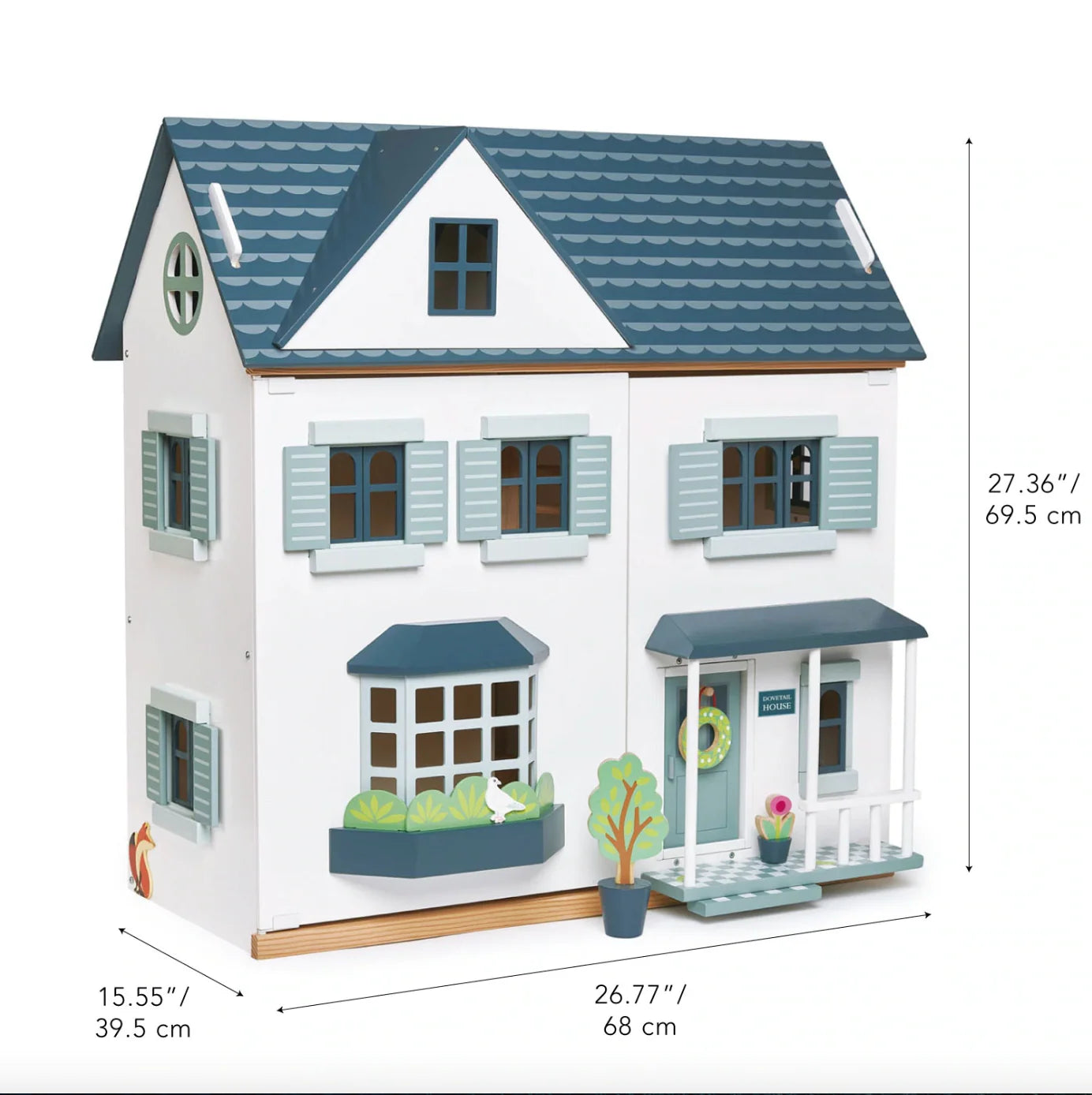 Model of a two-story house with blue and white color scheme, including dimensions displayed.