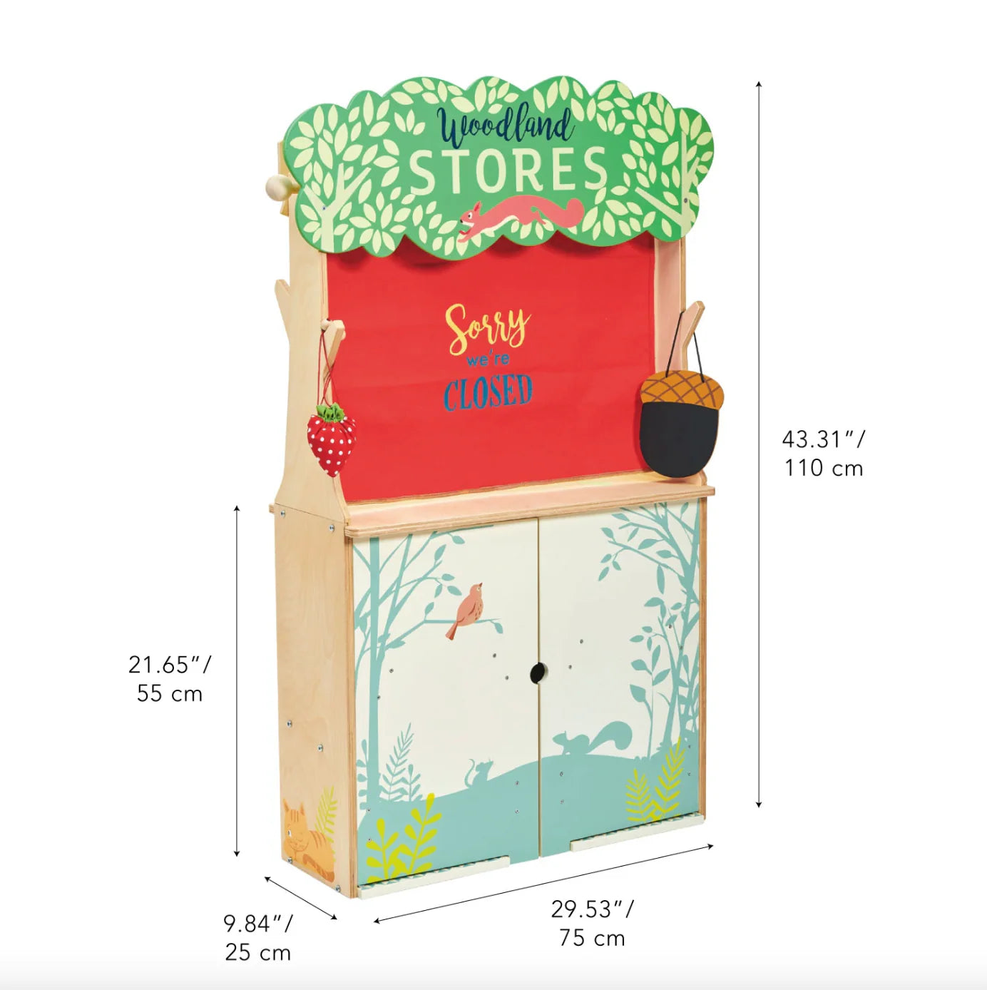 Wooden toy store with a sign saying 'Sorry, we are closed' and dimensions displayed.