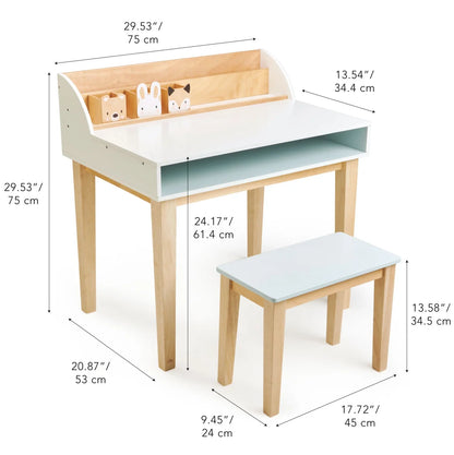 Children's desk and stool set with dimensions labeled on a white background