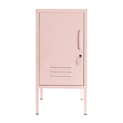 Pink metal locker with branding on a white background