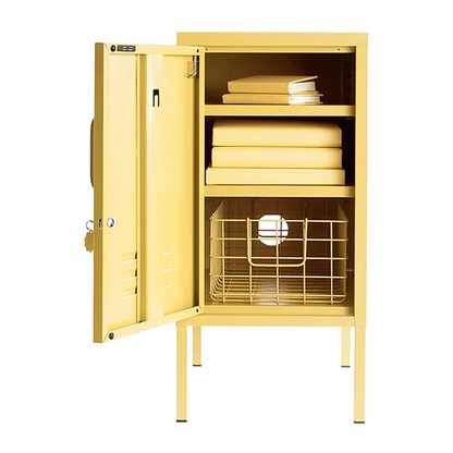 Yellow storage cabinet with open doors on a white background