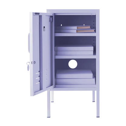 Metal storage cabinet with open doors on a white background