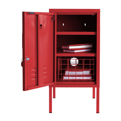 Red storage cabinet with open door on a white background