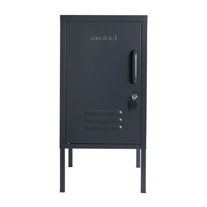 Black metal locker with branding on a white background