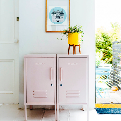 Pink cabinets opening either side with a clock and framed picture on a white wall.