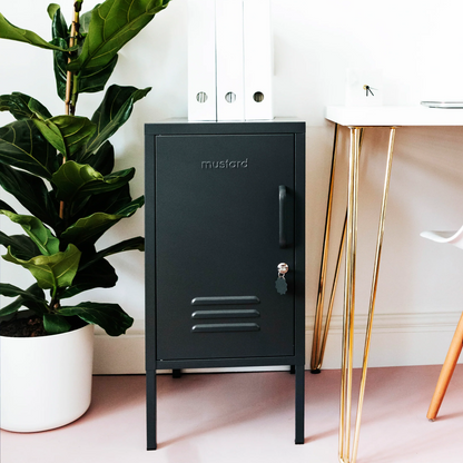 Black metal locker with a plant and white cabinet in a room setting