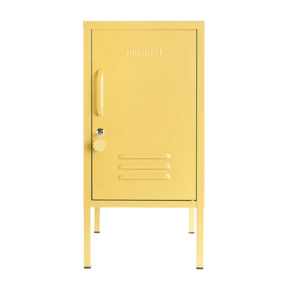 Yellow locker with a visible brand name on a white background