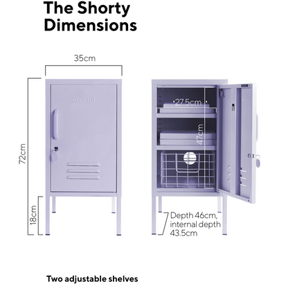 Dimensions of a locker with adjustable shelves on a white background