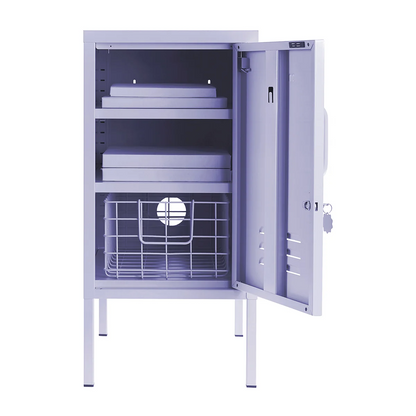 Metal cabinet with open doors on a white background