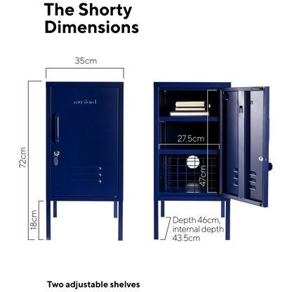 Blue locker with dimensions labeled on a white background