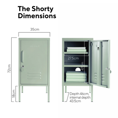 Dimensions of a green locker with text indicating dimensions and features.
