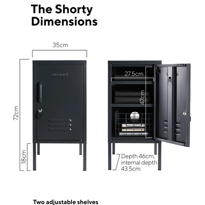 Black locker with dimensions labeled on a white background