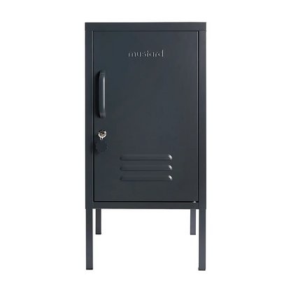 Black metal locker with  branding on a white background