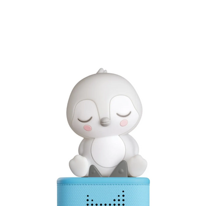 Cute cartoon penguin on a blue cylindrical base with 'Hugg' branding against a white background