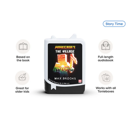 Minecraft-themed audiobook packaging with branding and product features on a white background