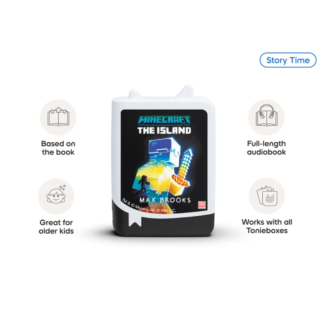 Minecraft The Island audiobook packaging with branding and product features on a white background